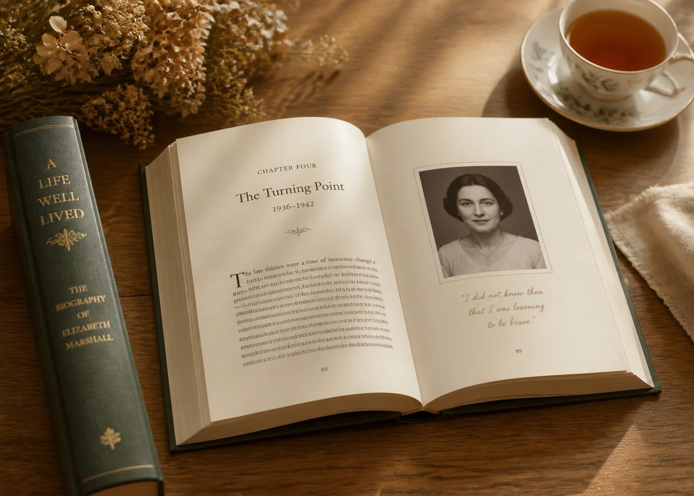 Libro biográfico abierto sobre mesa de madera