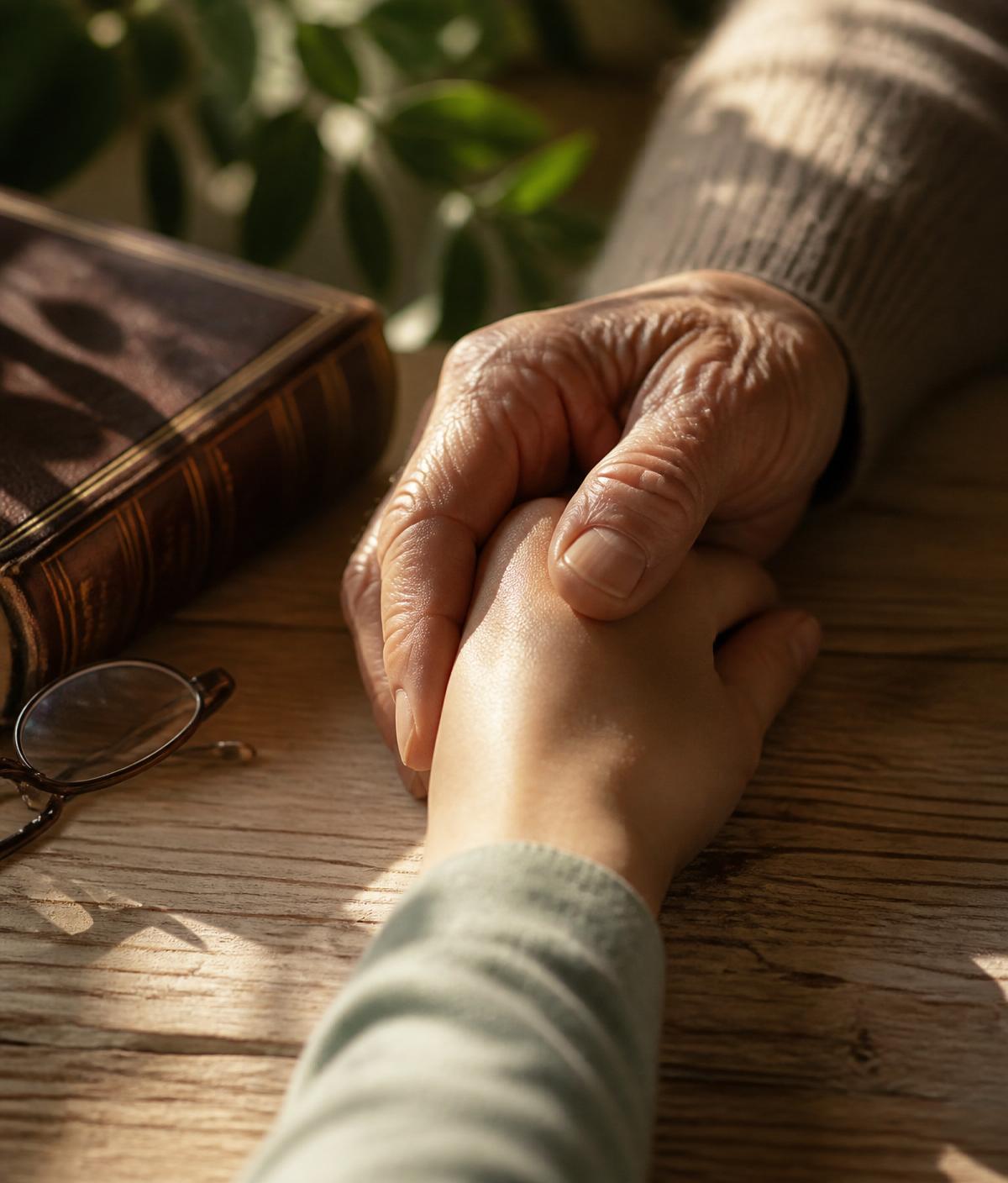 Manos entrelazadas de dos generaciones